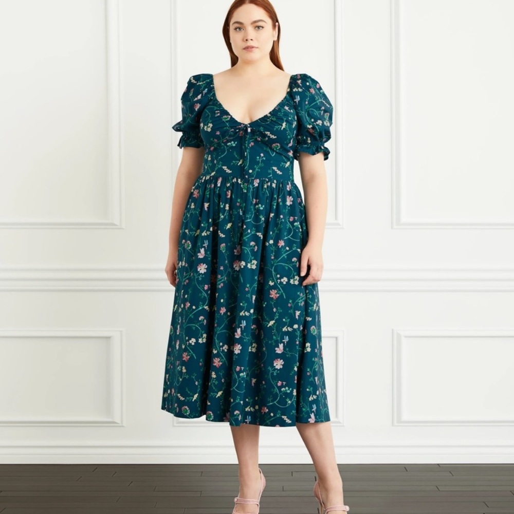 Hill House Floral Puff-Sleeve Maxi Dress in Forest Green with Pink Accents - Picture 2 of 7
